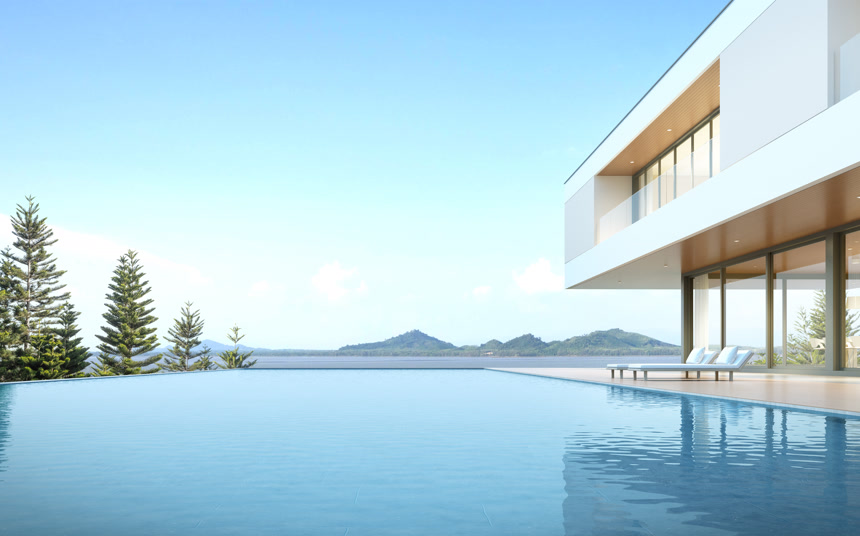 以松树和海景为背景的奢华现代住宅日光浴游泳池的理念简约的建筑设计3d渲染.