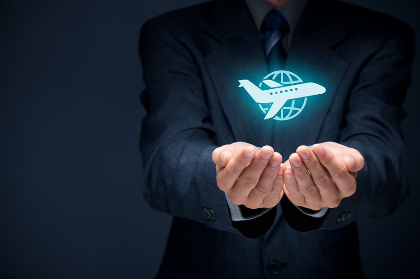 商务商人手托起飞机图标旅行旅游科技特效