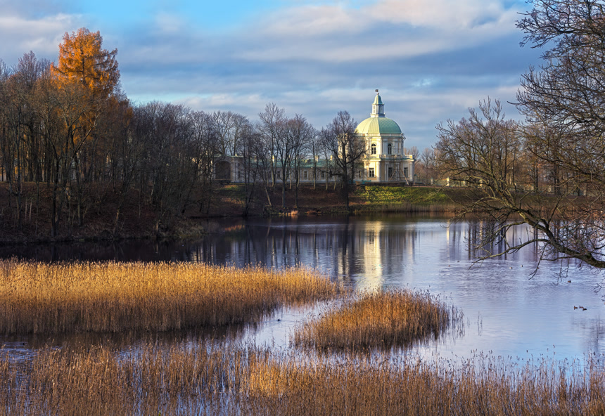 秋日池塘古堡电脑壁纸风景旅游图