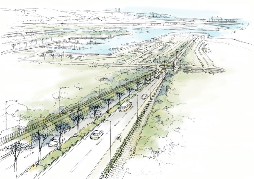 手绘渔港小镇全景马克笔钢笔生活场景线稿