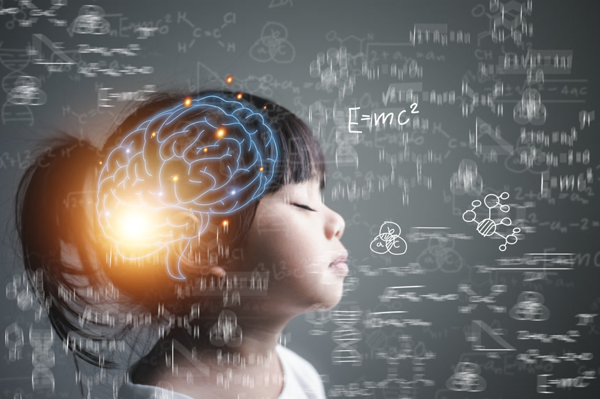 3D渲染的小女孩的大脑充满数据科学技术