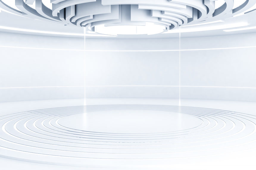 未来白色圆形房间内部3d 渲染设计图    科幻小说和未来的概念 