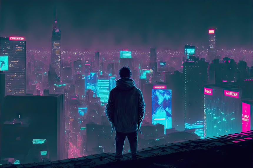 城市背景下一个背着背包的商人的肖像