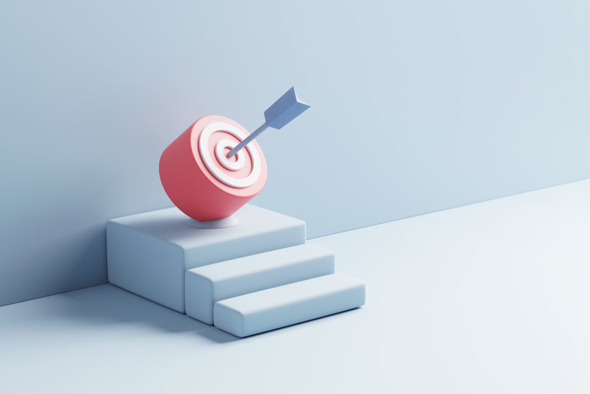 3D渲染蓝色箭头击中了楼梯顶部目标或成功目标的中心商业宣传