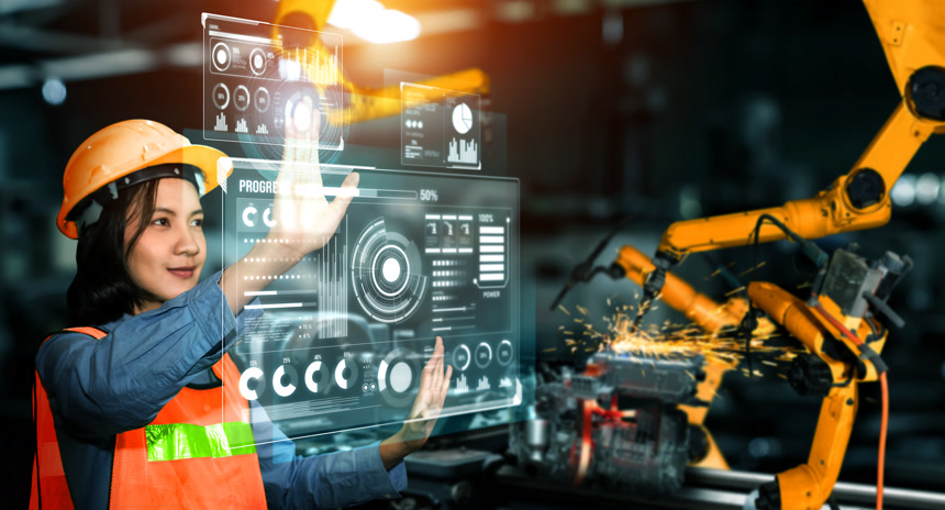 工程师面向数字工业和工厂机器人技术的先进机械臂系统工业