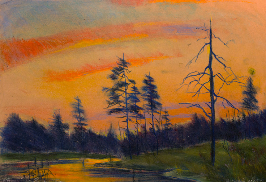 小河穿过树林风呼啸而过日落衬托着天空成橘黄色一幅美丽的油画