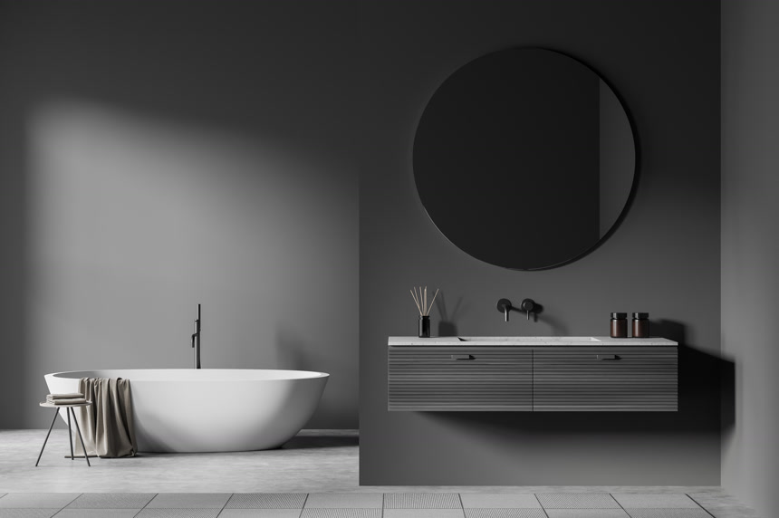 3D渲染的有水池和圆形镜子的灰色洗浴室内部生活方式