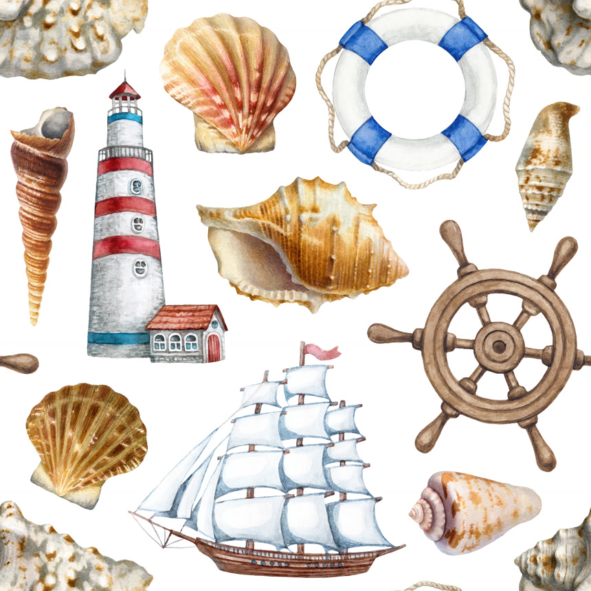 贝壳帆船航海手绘白底图卡通手绘元素