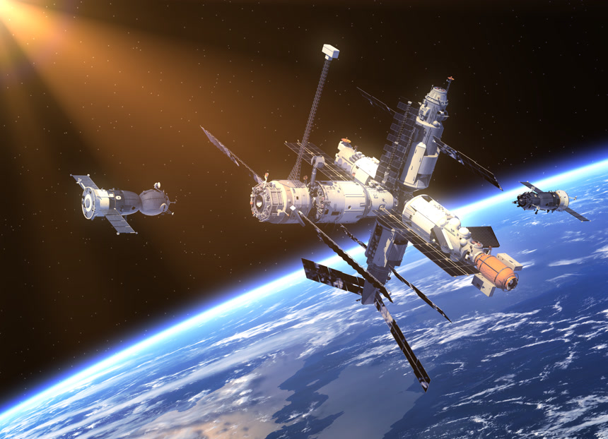 航天卫星在空间站工作背后是地球科技感