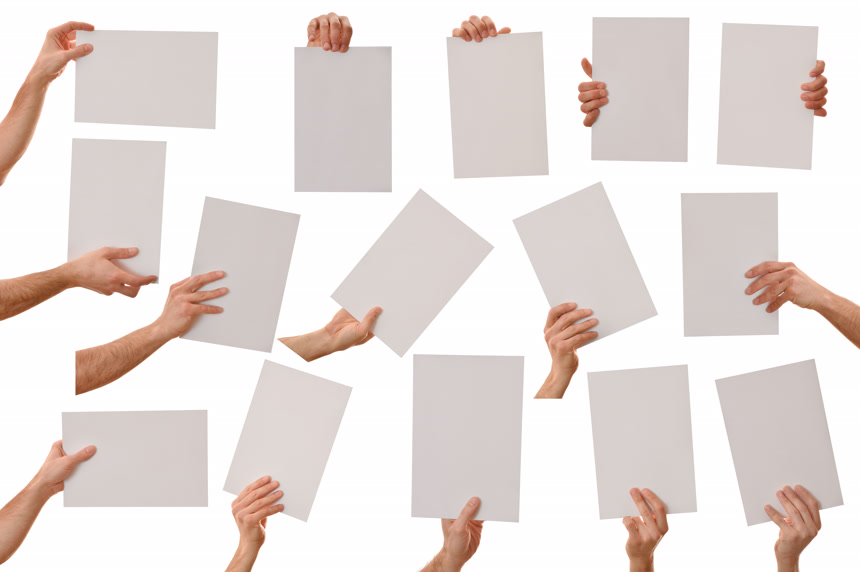 白底图各种姿势手拿白纸背景