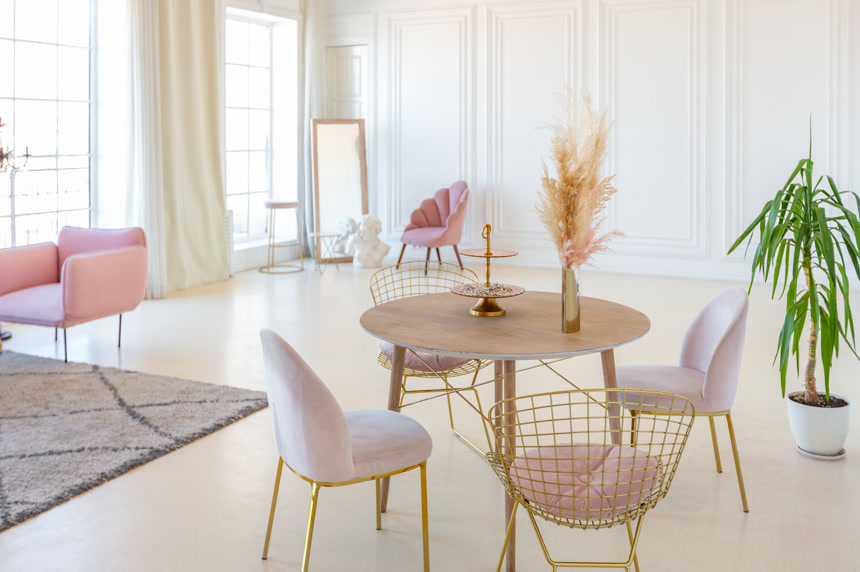 雅致舒适的客厅内部轻盈舒适，有现代风格的粉红彩绘家具和白墙，白天有粉刷造型