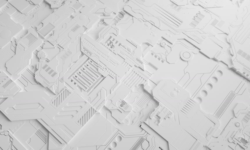 一个未来的电子印刷电路板与微晶片和处理器3D渲染电子元器件