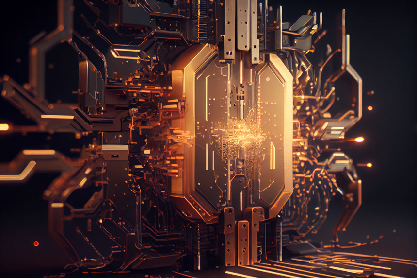 具有抽象背景的锁链技术。抽象技术立方体上的锁链铭文3D渲染