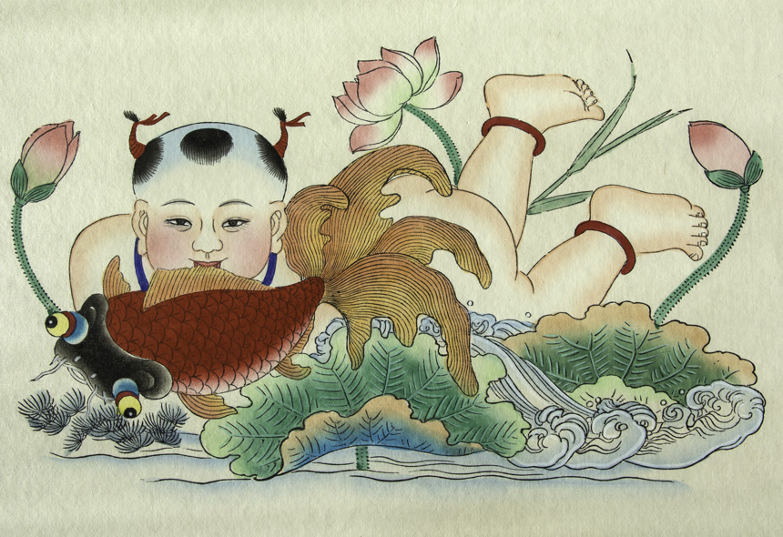 福娃和金鱼木版年画非遗文化传统艺术春节新年