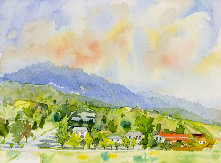 天空云彩背景乡村的彩绘水彩画美丽自然春季节.