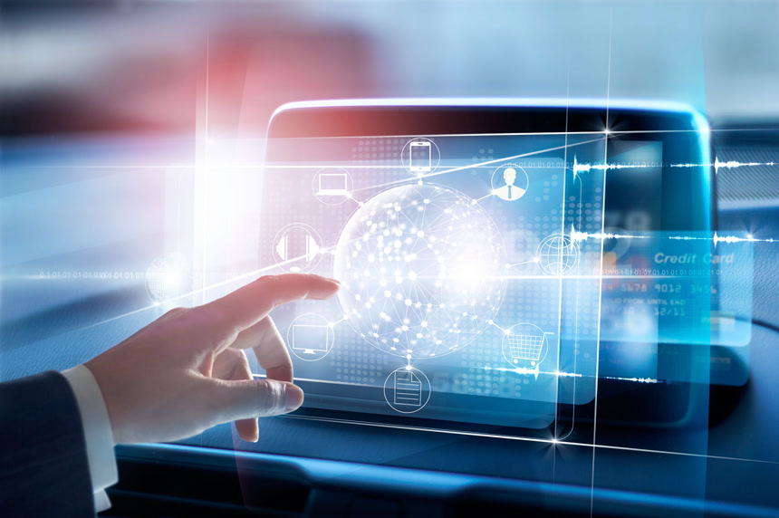 商务男士单手触碰全息屏互联网