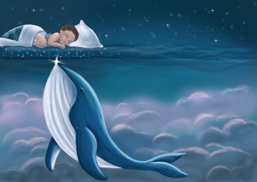 可爱的新生婴儿晚上睡觉梦见海洋蓝鲸数字插图