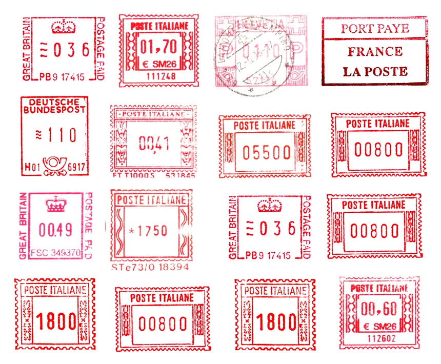 矩形红色邮戳集锦邮票白底图