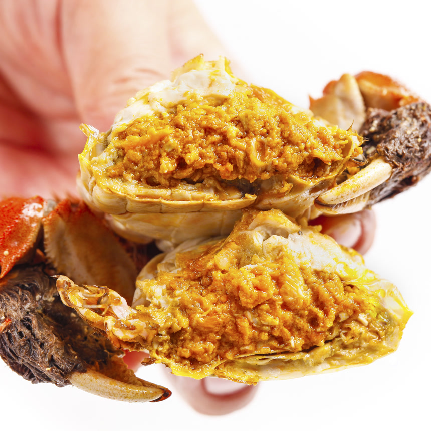 手里拿着清蒸大闸蟹