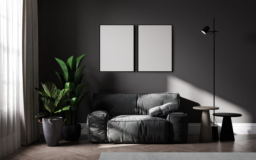 灰色室内模拟空白画框，3D渲染居家生活方式