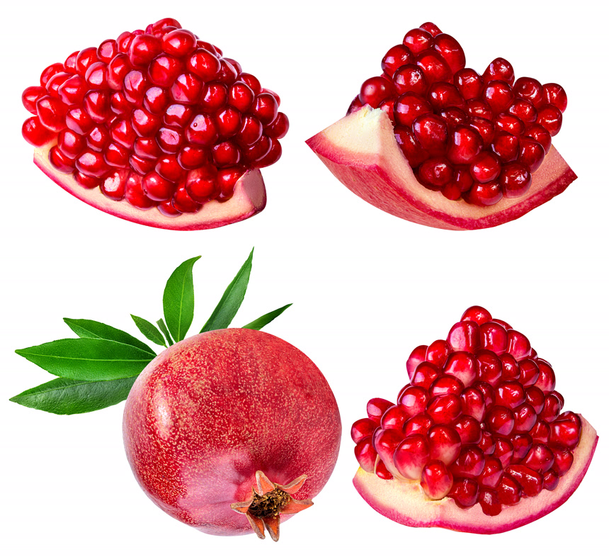 白色背景的石榴及石榴籽的图片