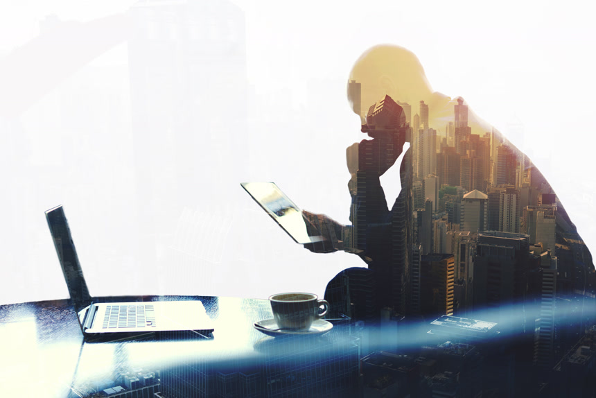 白底图商务人士和城市融合背景