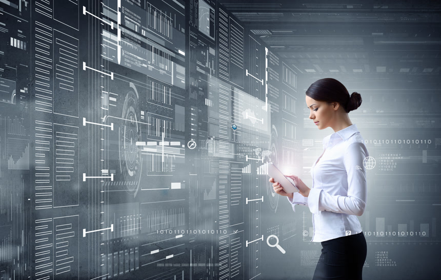 年轻的女性使用3D网络背景的平板