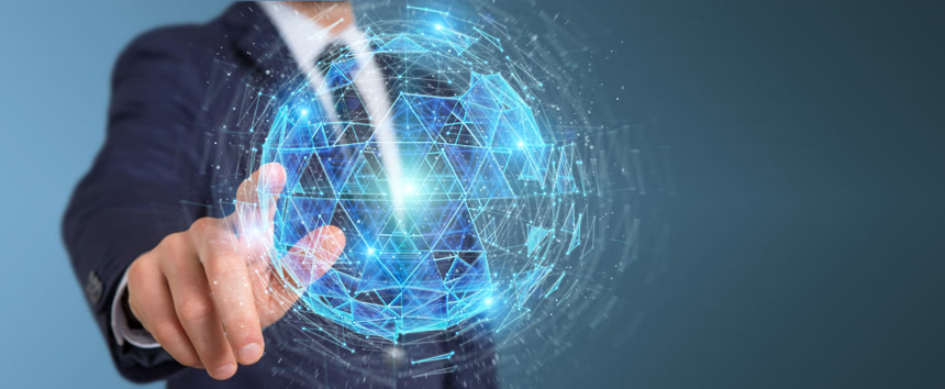 在模糊背景下的商人使用数字三角形爆炸球面全息图3d 渲染