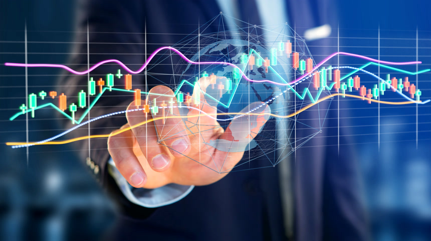 3d渲染的商人手与股票交易数据图商务经济