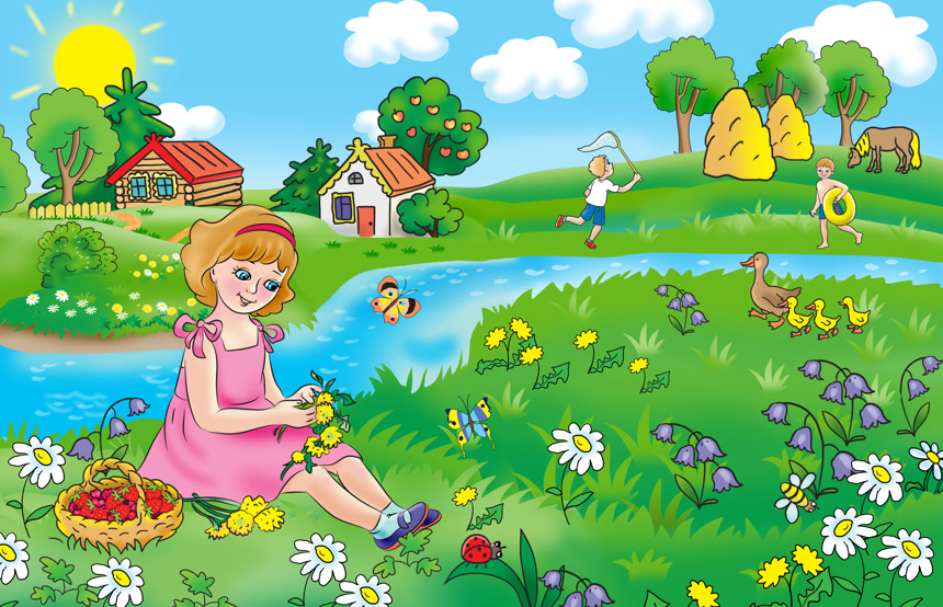 一个女孩坐在草地上编花圈卡通儿插配图