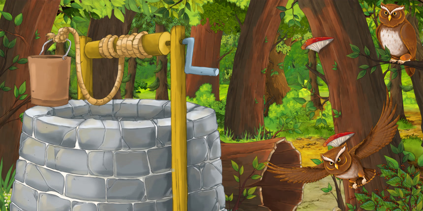 卡通夏季场景与深森林和鸟猫头鹰与水井卡通手绘