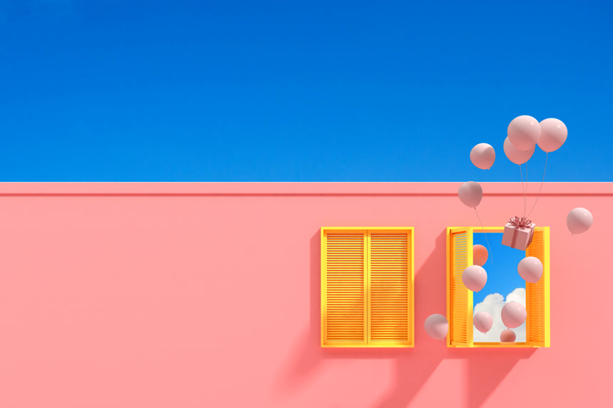 最小的抽象建筑黄窗蓝天背景上的漂浮气球建筑设计3D渲染.