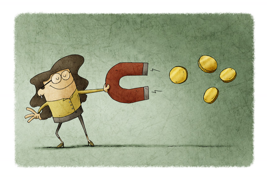 女人拿着一个巨大的磁铁吸硬币想不劳而获教育概念动画视角