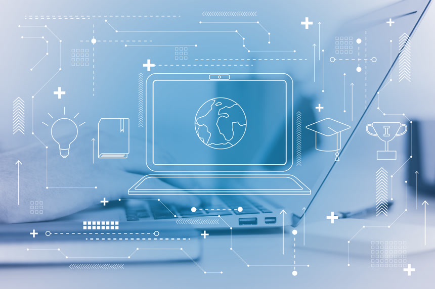 笔记本地球灯泡书籍奖杯帽子图标区块链键盘手指数据化办公