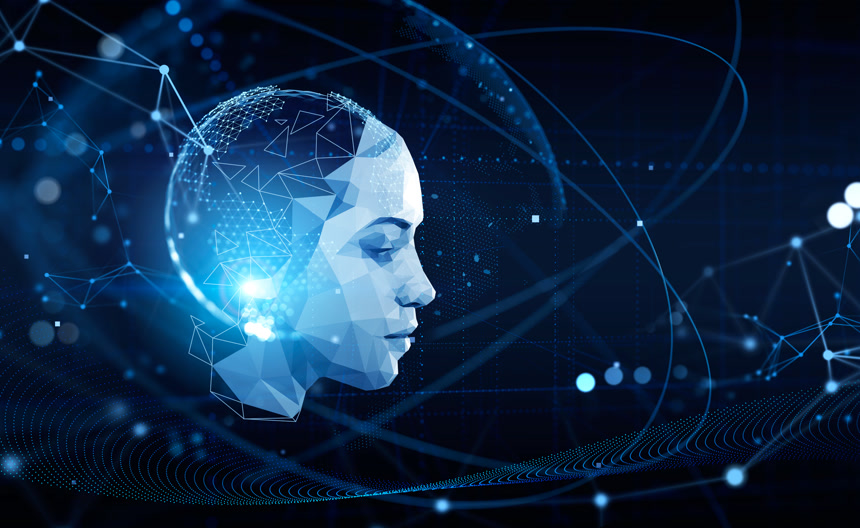人脸全息图，数字脑和网络电路。人工智能、精神世界和机器学习的概念。3D渲染