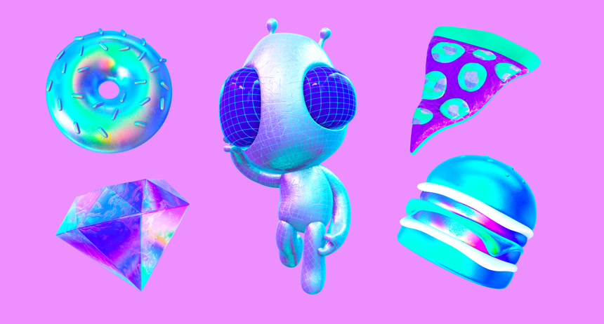 3D渲染嬉皮士贴纸全息图广告素材