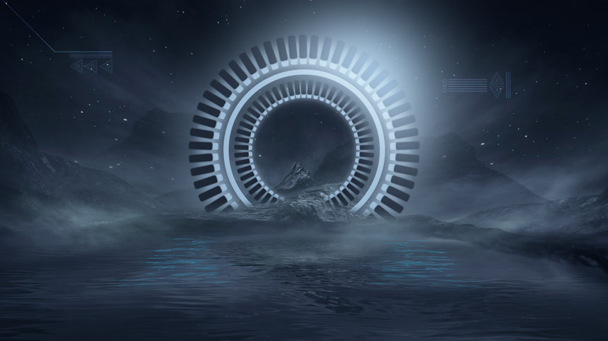 未来派幻想的夜景与抽象的风景与岛屿,月光,光芒,月亮,霓虹灯.黑暗的自然景观,在水中反射光线3D插图. 