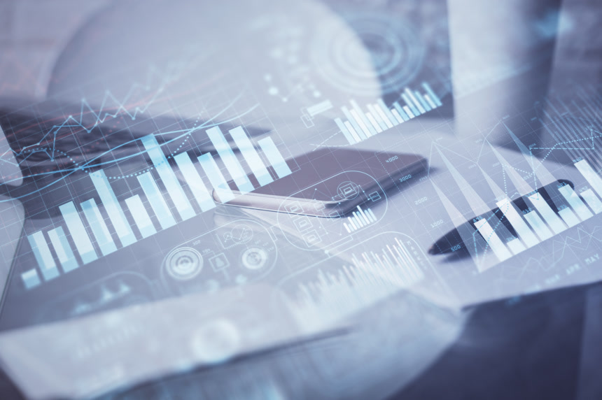 双曝光的外汇图绘图和手机背景.财务数据分析金融经济