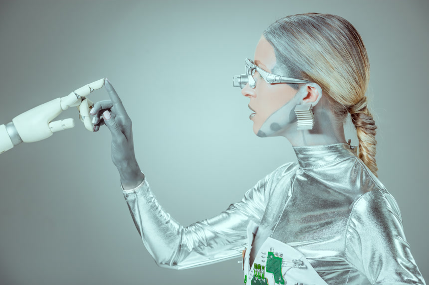 人工智能机器人手指触碰未来科技