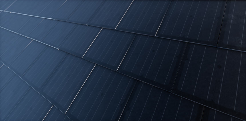 黑色的太阳能屋顶瓷砖黑色太阳能屋顶瓦组成的建筑集成光伏系统3d渲染.