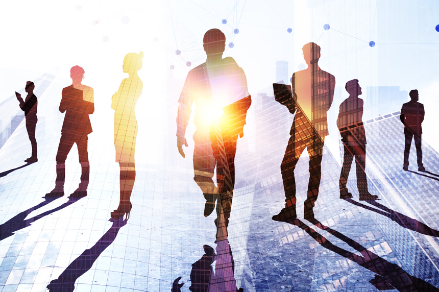 商务人士剪影在抽象城市背景与阳光中    团队合作, 成功和研究理念 