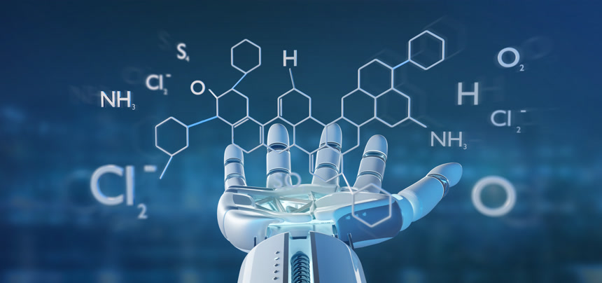 持有分子结构3d 渲染的赛博格手有很多化学符号和化学结构展示科技