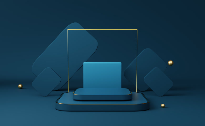 平台空旷，几何形状为蓝色，用于现代舞台展示和简约的模型