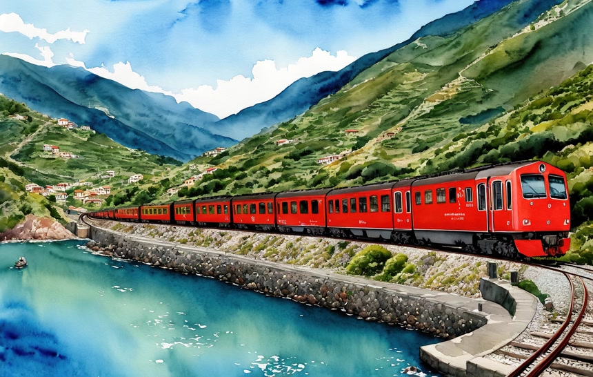 山水相融的山水景观铁路火车自然风景