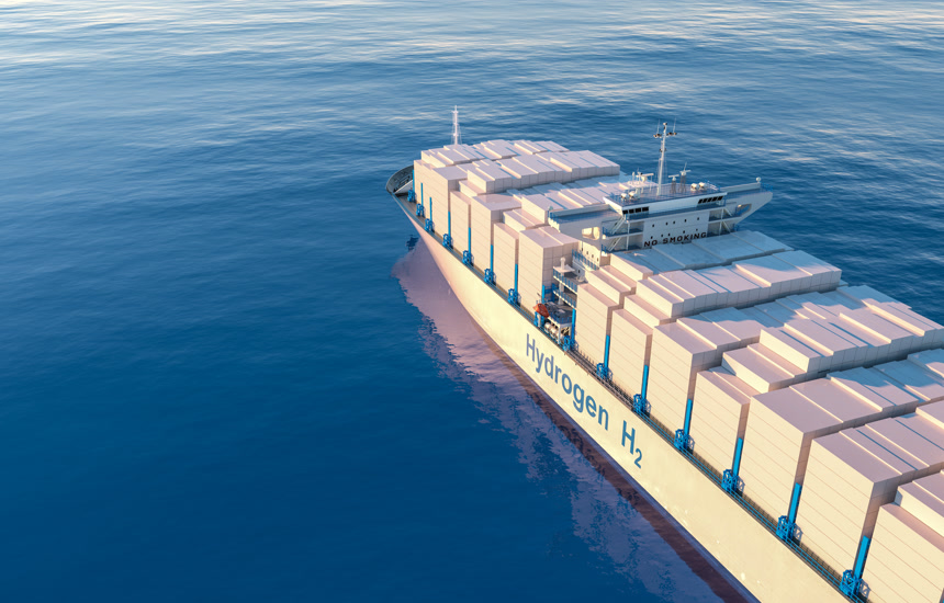 船舶中的Liqiud氢可再生能源用于集装箱船清洁海运的LH2氢气体3d渲染可再生能源