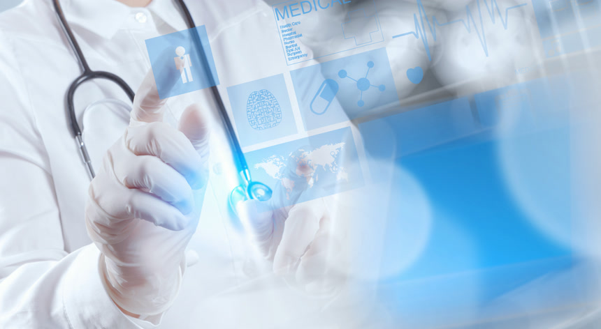 医学医生手指点击透明科技屏智慧医疗未来科技