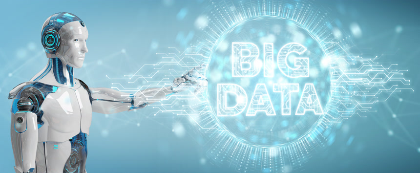 模糊背景下的白色机器人使用大数据数字全息图3d 渲染
