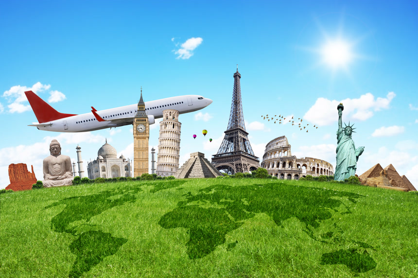 飞机从世界各国著名建筑上方飞过     游览世界名胜古迹的概念