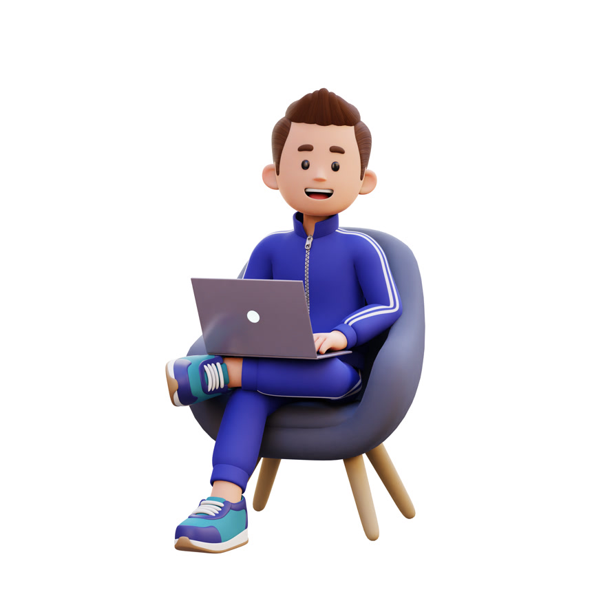 3D男性角色在笔记本电脑上工作插画背景