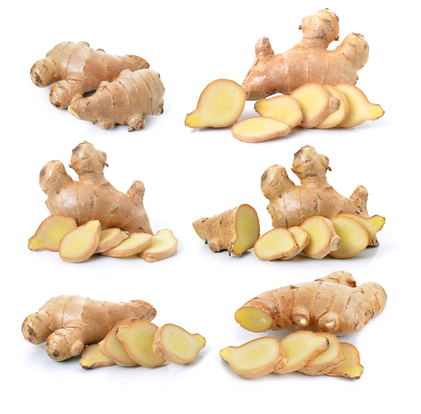 生姜在白底图上各种形态切片状块状的组合宣传图